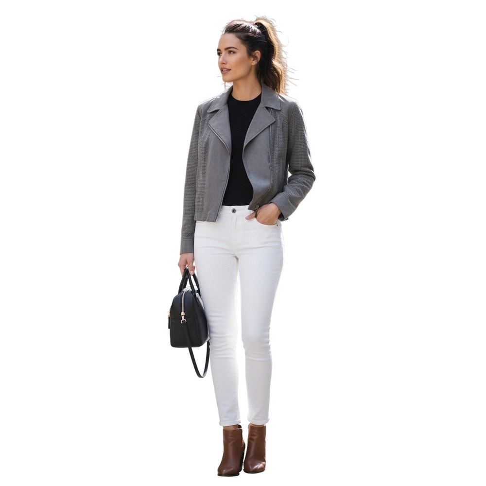 Anthropologie Hei Hei Gray Faux Suede Perforated‎ Moto Jacket NWOT L Luxe Chic